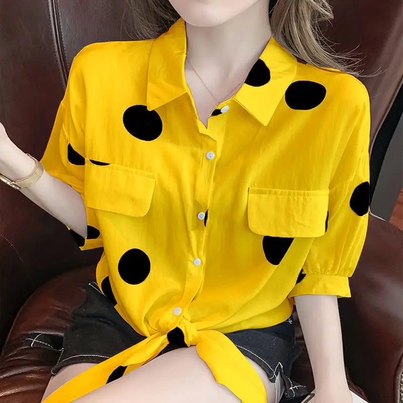 Fashion Lapel Loose Bandage Bow Polka Dot Shirt Women's Clothing 2025 Summer New Oversized Casual Tops Half Sleeve Korean Blouse Yellow