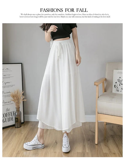 Women Pants Culottes Elastic Wide Leg Irregular Hem Double Layers Korean Trousers Summer Casual Loose Pleated Pants