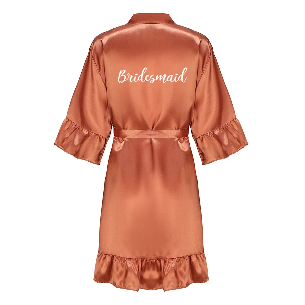 Wedding Bride Bridesmaid Robes for Women Bridal Party Gifts Team Dress Gown Silk Satin Sleepwear Kimono With Ruffle White Letter As the photo show 5