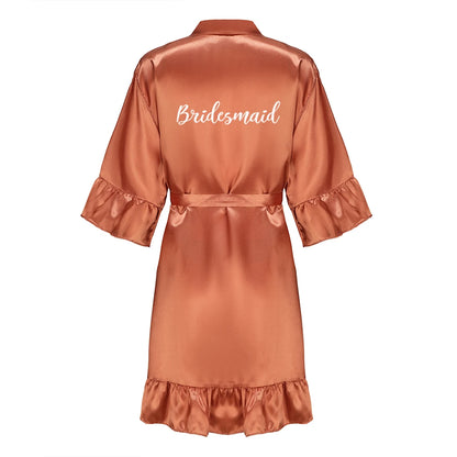 Wedding Bride Bridesmaid Robes for Women Bridal Party Gifts Team Dress Gown Silk Satin Sleepwear Kimono With Ruffle White Letter As the photo show 5