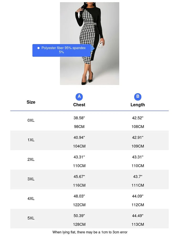 Plus Size Women Elegant Dress Thousand-Bird Lattice Color Contrast Printed Long-Sleeved OL Commuter Wind Bag Hip Elastic Dress Badiee Stylez