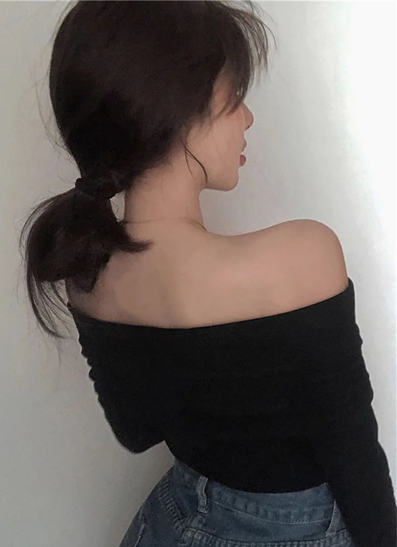 Xpqbb Vintage Slash Neck Pullover Women Korean Fashion Slim Long Sleeve Short Blouses Ladies Sexy Off Shoulder Club Party Tops