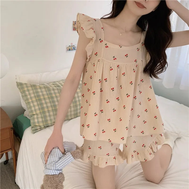 Summer Pajamas Loungewear Set Women's Summer Suspender Pajama Set Student Vest Shorts Foam Insy Style Two-Piece Loungewear Set
