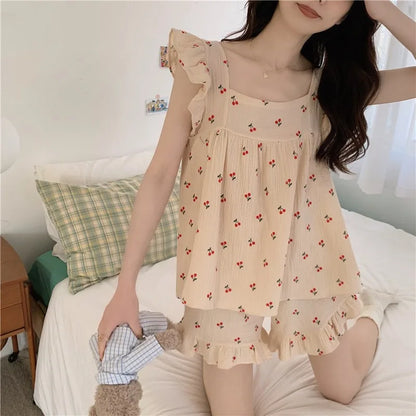 Summer Pajamas Loungewear Set Women's Summer Suspender Pajama Set Student Vest Shorts Foam Insy Style Two-Piece Loungewear Set