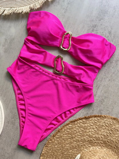 3 Colors Sexy Metal Rings Cut Out Women Swimwear One Piece Swimsuit Female Bandeau High Leg Cut Bather Bathing Suit Swim B022D B025D