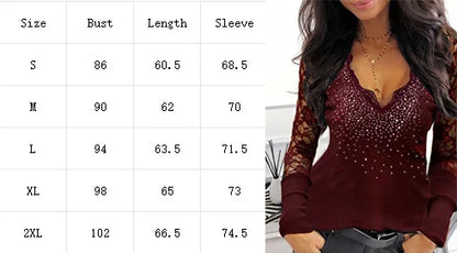 3 Colors Sexy Lace Long Sleeved Solid Color Top Women's V-neck Bright Zircon T-shirt Spring Autumn Slim Clothes
