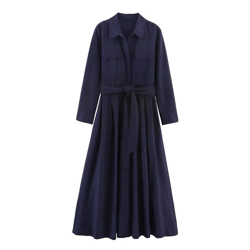 Women's Dress Fall 2025 New Solid Color Long Sleeve Shirt Style A-Pendulum Dress Belt Decoration Casual Fashion Personality Badiee Stylez