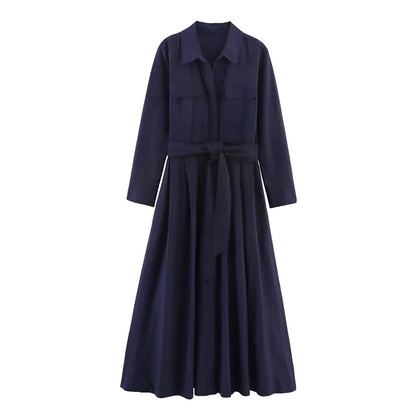 Women's Dress Fall 2025 New Solid Color Long Sleeve Shirt Style A-Pendulum Dress Belt Decoration Casual Fashion Personality Badiee Stylez