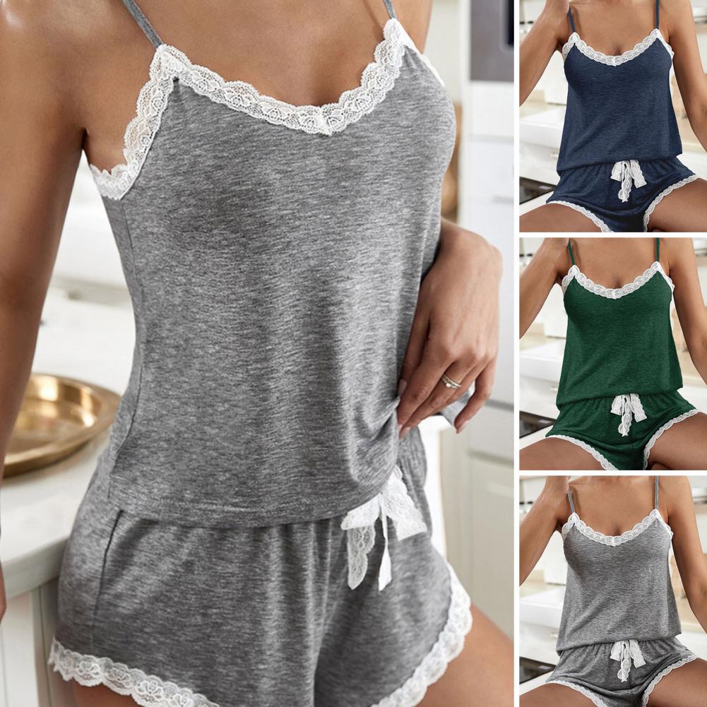 Summer Women Pajama Set Sleeveless Vest Shorts Sexy Lace Contrast Color Tank Top Loose Shorts Pajama for Women Nightwear