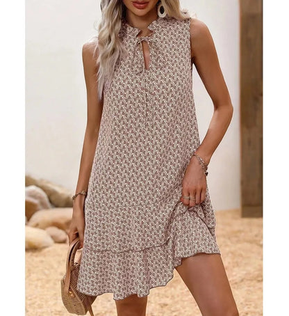 2025 Elegant Women's Casual Loose Ruffle Mini Dress Summer Bohemian Printed V-neck Lace-up Small Flying Sleeve Dresses For Women