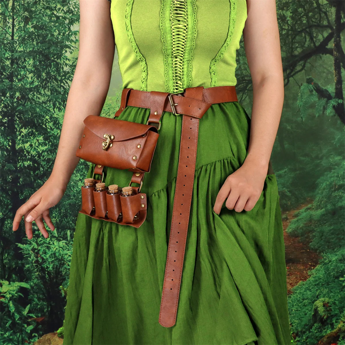Renaissance Leather Belt Medieval Wizard Alchemy Glass Magic Bottle Cork Bottle Stopper Copper Coin Waist Bag Cosplay Belt Badiee Stylez
