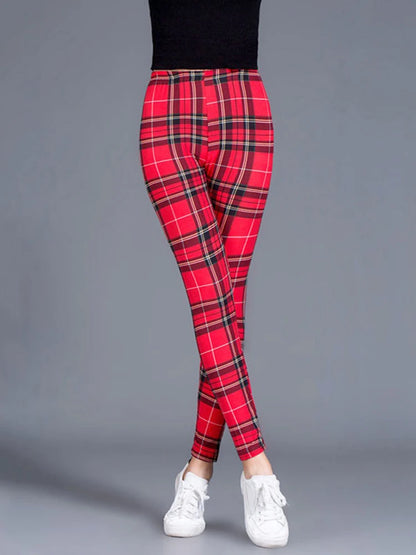 CUHAKCI Female Fitness Leggings Women Print Plaid Leggings Lady Sexy Slim Pencil Pants Push Up Elastic Waist Trousers Red Grid