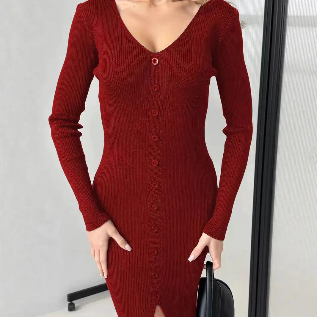 2025 Knitted Dress For Women Vintage Fashion Long Sleeve Dresses Solid Single Breasted V Neck Midi Autumn Winter Dress Скучать Badiee Stylez