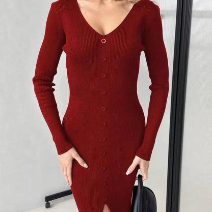 2025 Knitted Dress For Women Vintage Fashion Long Sleeve Dresses Solid Single Breasted V Neck Midi Autumn Winter Dress Скучать Badiee Stylez