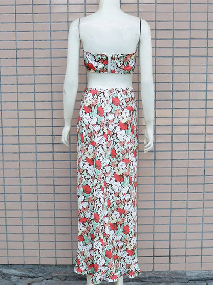 Floral Print Strapless Crop Tops & Shirring Ruffles Slit Maxi Skirts Set Women Summer Two Piece Set