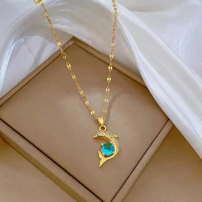 Trendy Square Stainless Steel Green Zirconia Pendant Necklaces For Women Girls Gold Color Metal Round Drop Jewelry Birthday Badiee Stylez