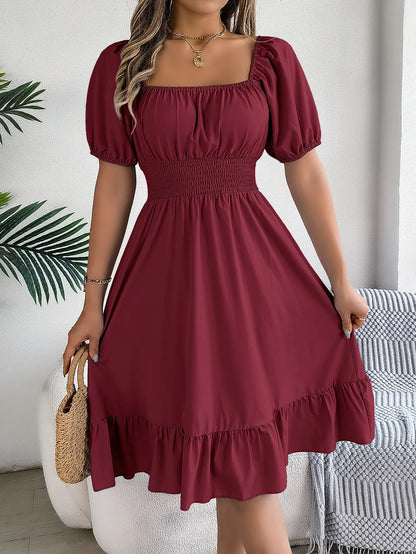 Women's MIidi Dresses 2024 Summer Casual Square Neck Short Sleeved Waist Ruffle Edge Dress Dress Women Elegant Платья Женские wine red