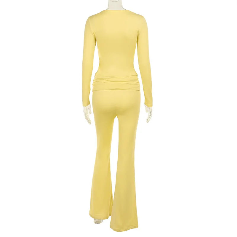 Fashion Soild Women's Set Long Sleeve Yellow U Neck Shirt and Flared Pants 2024 Elegant Tracksuits Two 2 Piece Set Outfits