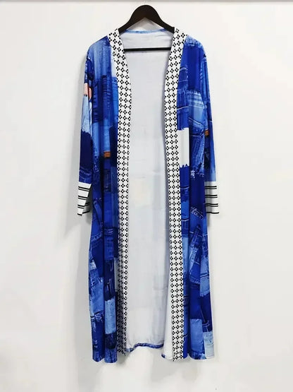 Plus Size 1XL-5XL Women's Long Jacket Casual Printed Cardigan Jacket Spring and Autumn Long Sleeved Fashionable Jacket