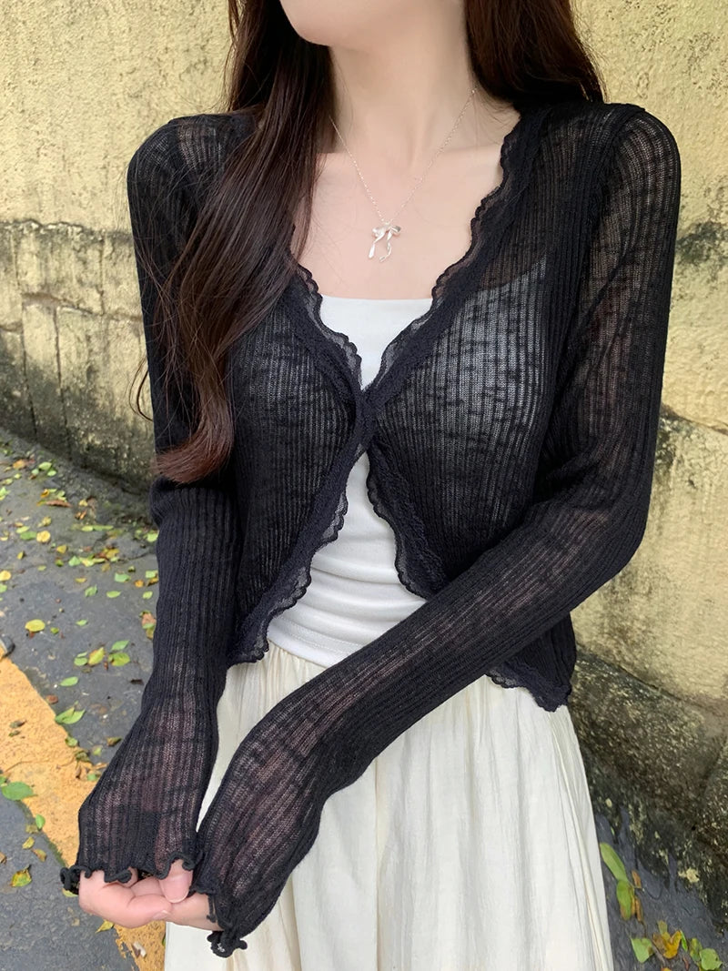 Lace Trim One Button Long Sleeve Crop Top Women Short Sleeve Open Front Ribbed Knit Cardigan Sweater Summer Fairycore Outfit black One Size