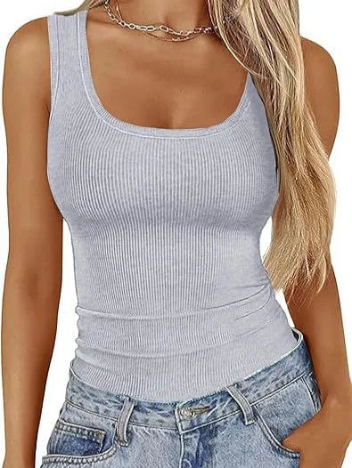 Summer Women's Vest Slim Fit Elastic Fashion Thread Basic Pullover Simple Versatile Square Collar Sleeveless T-shirt light grey