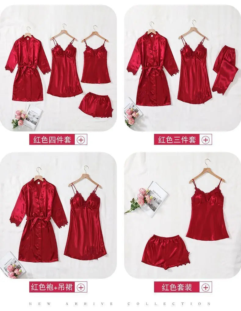 5PCS Women's Ice Silk Sexy Pajama Set Breathable Lace Satin Pajama Bathrobe Five Piece Set Casual Home Clothes Spring and Summer