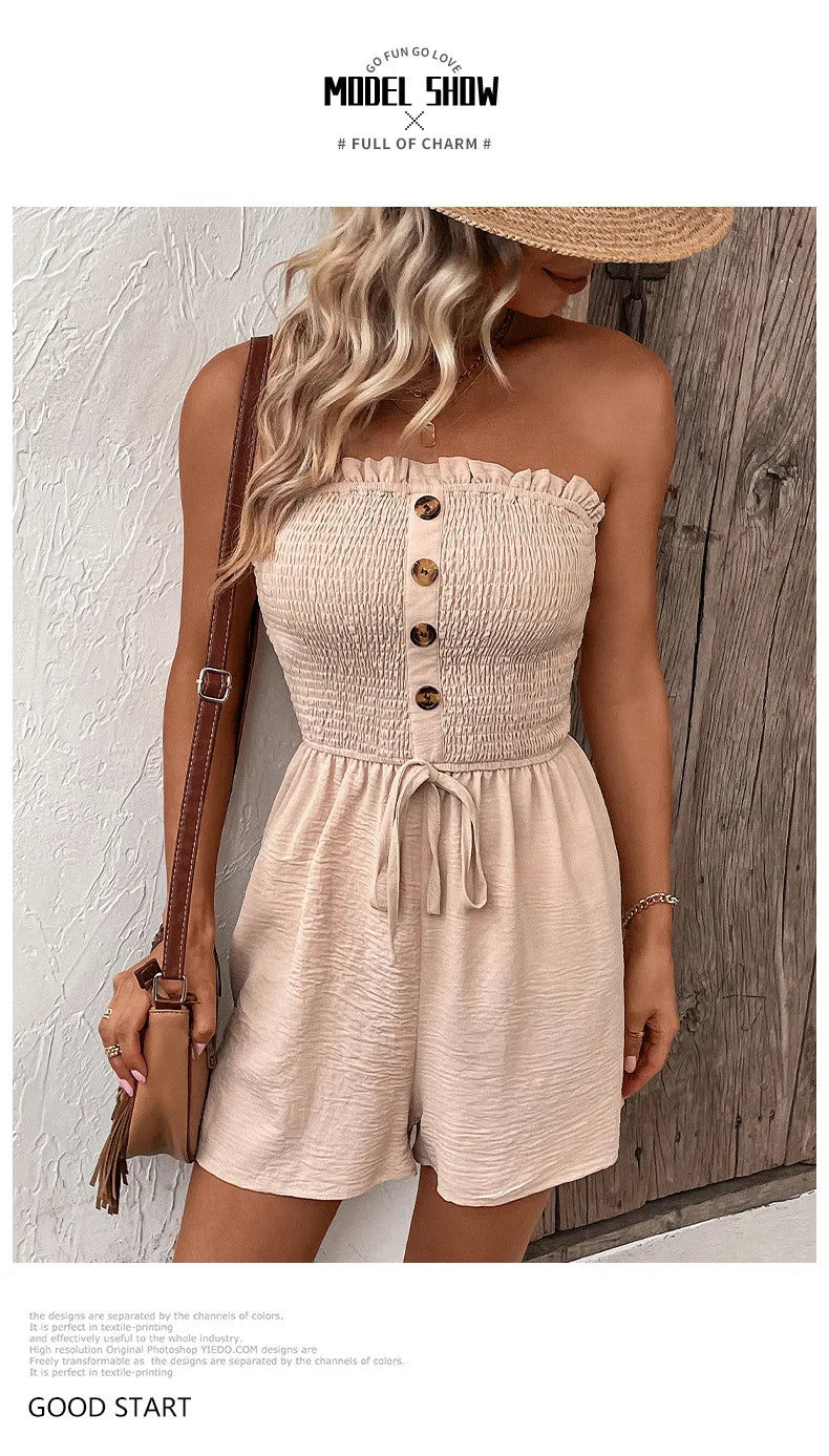 Summer Fashion Splicing Women's Solid Color Sexy Sleeveless Bra Button Tie Waist Casual Comfortable Jumpsuit Shorts 3/4