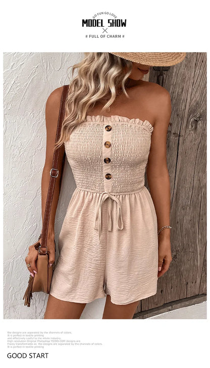 Summer Fashion Splicing Women's Solid Color Sexy Sleeveless Bra Button Tie Waist Casual Comfortable Jumpsuit Shorts 3/4