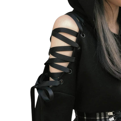 Y2k Gothic Womens Hoodie Cat Ear Crop Top Hooded Sweatshirt Hollow Out Lace Up Long Sleeve Hodded Casual Pullover Autumn