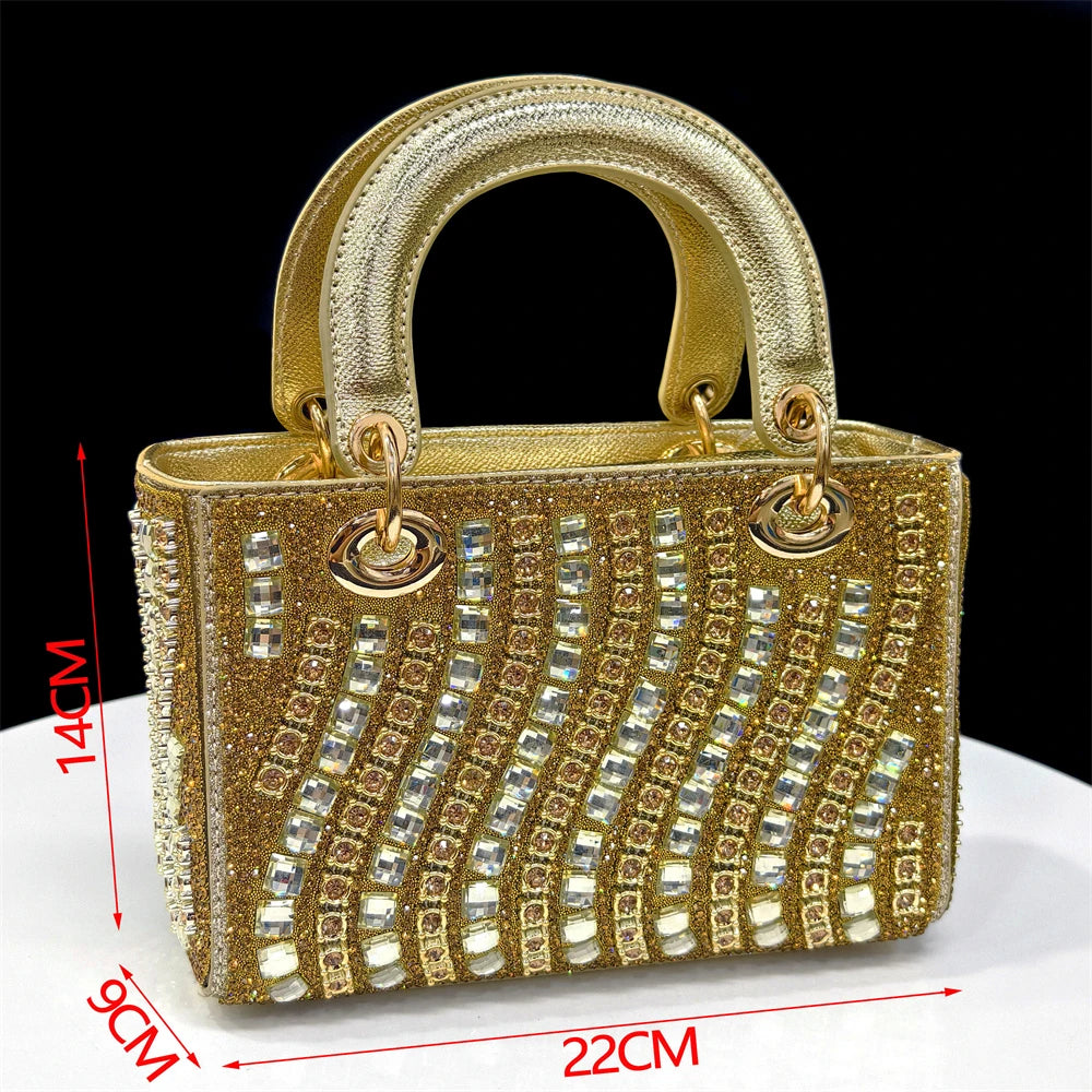 2025 Luxurious Italian Women's Party Shoes & Bag Set – Elegant Golden Rhinestone Spring/Summer Sandals with Pointed High Heels f