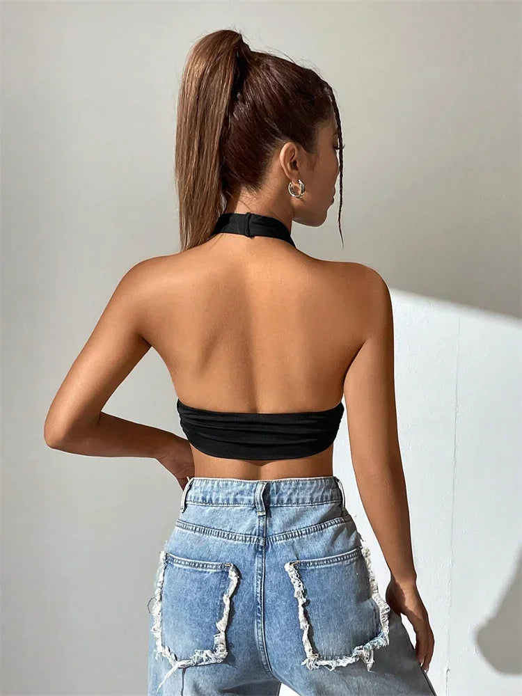 Solid Color Grunge Punk Backless Halter Top Women Summer 2024 Sexy Sleeveless Deep V-neck Crop Tops Streetwear Y2K Clothes