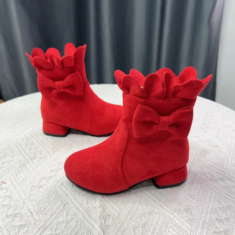 Spring Autumn Bow Girls Fashion Toddler Boots PU Leather Low Heel Kids Princess Boots Party Zip Children Ankle Baby Girl Shoes