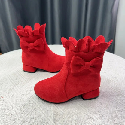 Spring Autumn Bow Girls Fashion Toddler Boots PU Leather Low Heel Kids Princess Boots Party Zip Children Ankle Baby Girl Shoes