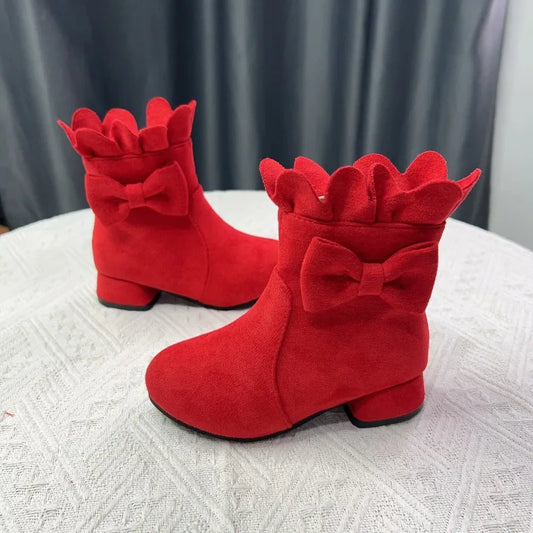 Spring Autumn Bow Girls Fashion Toddler Boots PU Leather Low Heel Kids Princess Boots Party Zip Children Ankle Baby Girl Shoes