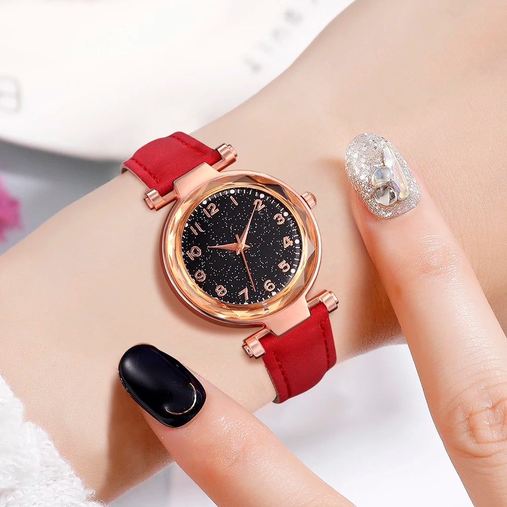 6PCS/Set Red Women's Watch With Minimalist Elements Dial Quartz Watch Latex Strap Cherry Elements Jewelry Set Girl's Gift Badiee Stylez