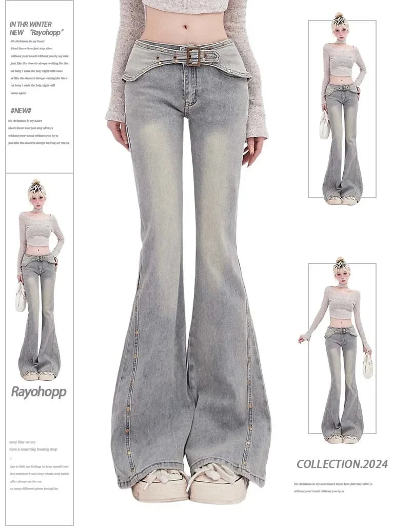 Korean Light Blue Flare Jeans Women Y2k Low Rise Vintage Denim Trousers Fashion Skinny Classic Aesthetic Harajuku Pants
