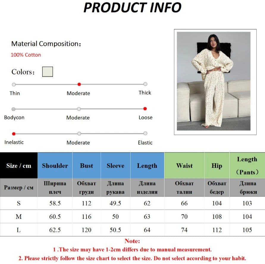 Muzuleva 100% Cotton Printed Cardigan Pajama Set Women's New Autumn Long Sleeved Pants Pajamas Loose Home Clothing 2-piece Set