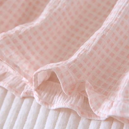 2025 Japanese summer new women's pajamas suit short-sleeved shorts two-piece 100% cotton crepe simple checked thin home clothes