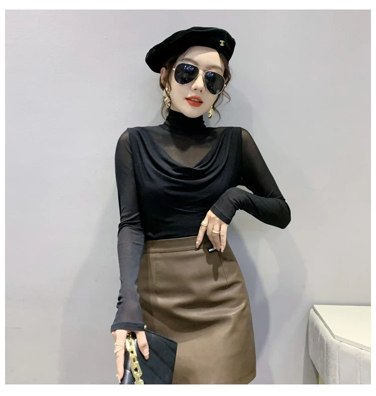 Sexy Mesh Basic T-shirts Women 2025 Fashion Turtleneck Casual Long Sleeve Y2k Tops Korean Clothes Woman Black Winter T Shirt 4XL