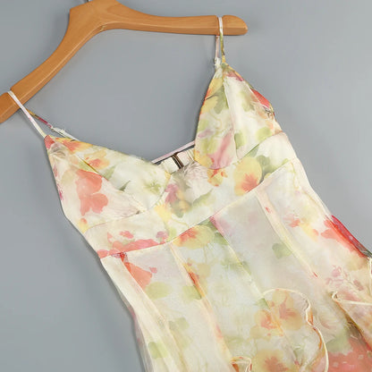 Summer New 2024 Women Sexy V Neck Backless Flower Chiffon Maxi Gowns Dress Split Celebrity Cut Out Beach Maxi Dress