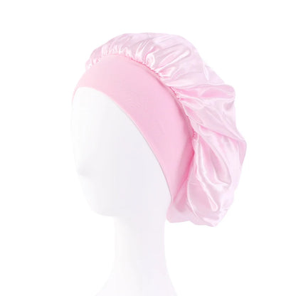 Women's Satin Solid Bonnets Wide-brimmed Night Sleeping Bathing Hat Unisex Head Wrap Elastic Band Cap Hair Care Bonnet pink One Size
