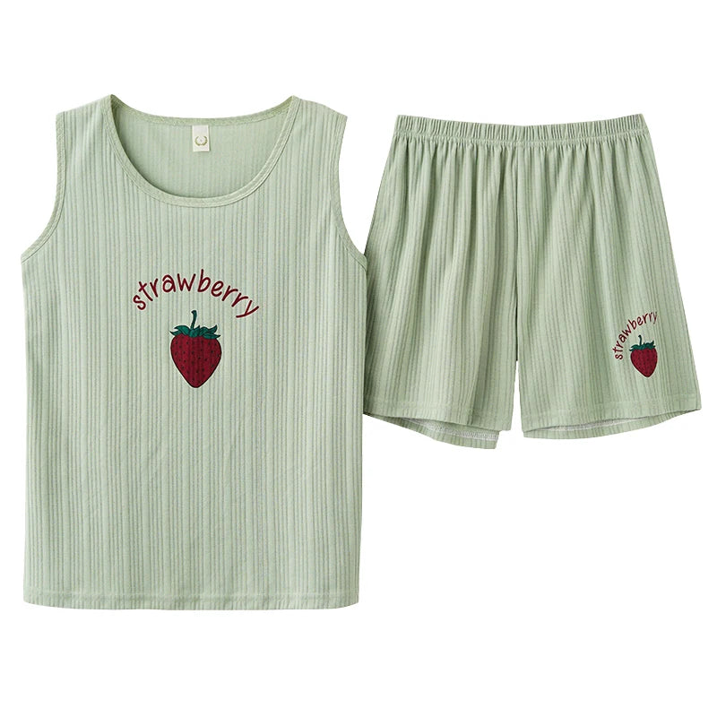 Women Pajamas Set Summer Sexy Sleepwear Sleeveless Lingerie Cotton O-Neck Pure Color Vest + Print Shorts 2 Piece Sets 4XL пижама FB-Y34023