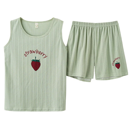 Women Pajamas Set Summer Sexy Sleepwear Sleeveless Lingerie Cotton O-Neck Pure Color Vest + Print Shorts 2 Piece Sets 4XL пижама FB-Y34023