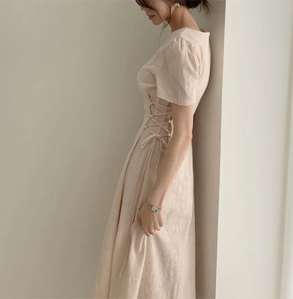 Cotton Linen Dress Long New Hot Sales Woman Short Sleeve Solid Retro Vintage Long Dresses