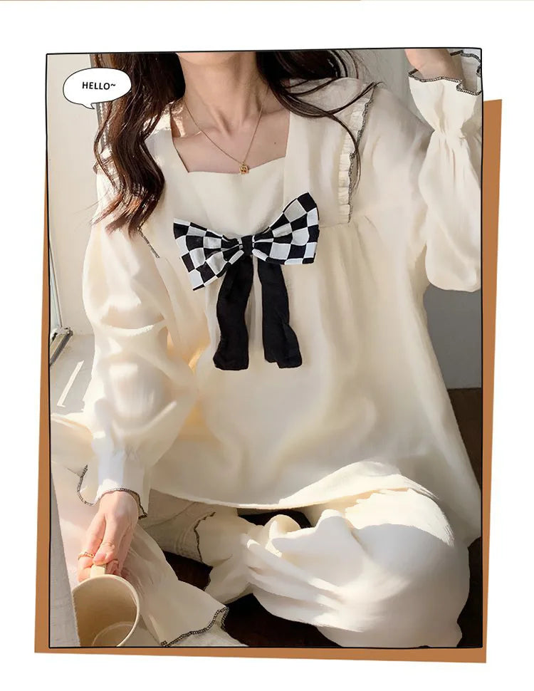 Spring and Autumn New Women's Pajamas Homewear Suit Female Court Style Doll Collar Japanese Girl Plaid Autumn and Winter Homewea