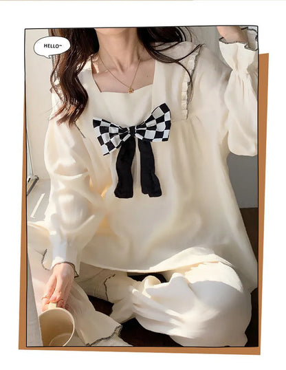 Spring and Autumn New Women's Pajamas Homewear Suit Female Court Style Doll Collar Japanese Girl Plaid Autumn and Winter Homewea