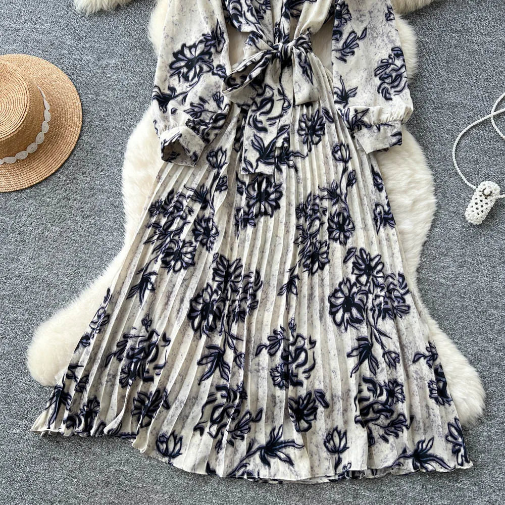 Chic vintage long sleeve turn-down collar button pleated Elegant Fairy korean fashion Boho women clothing Long dress