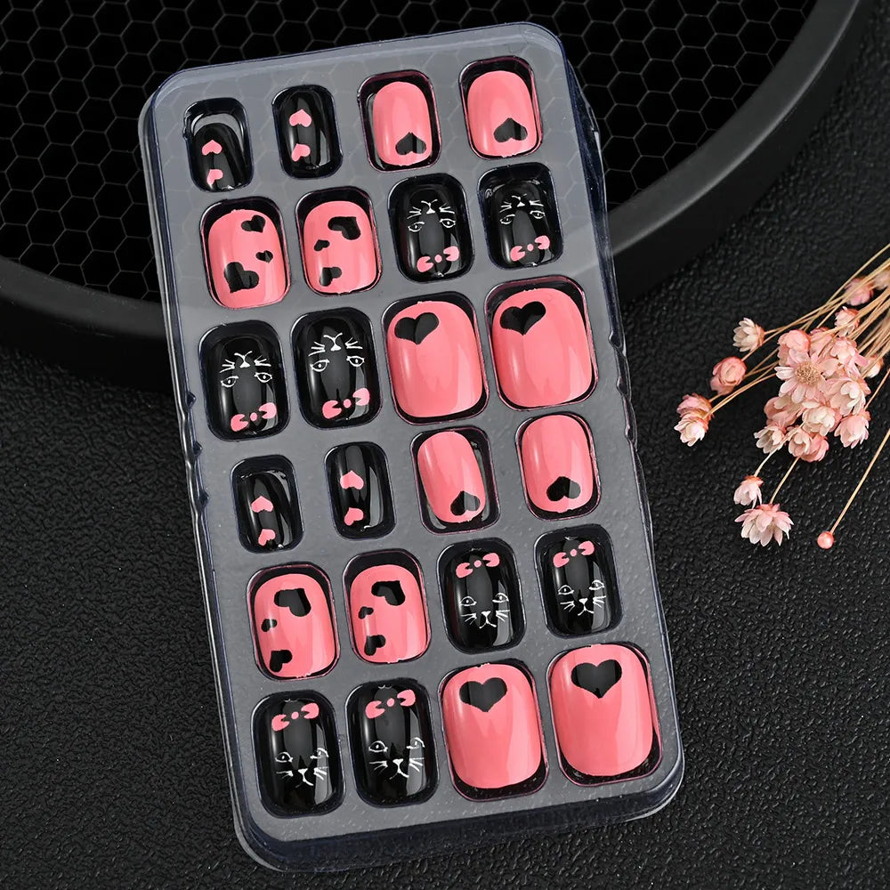 24Pcs Children Cartoon Nail Tips Colorful Cute Rabbit Pink Stars 6-14 Years old Girl Fake Nail With Jelly Glue Kids False Nail TD060-16