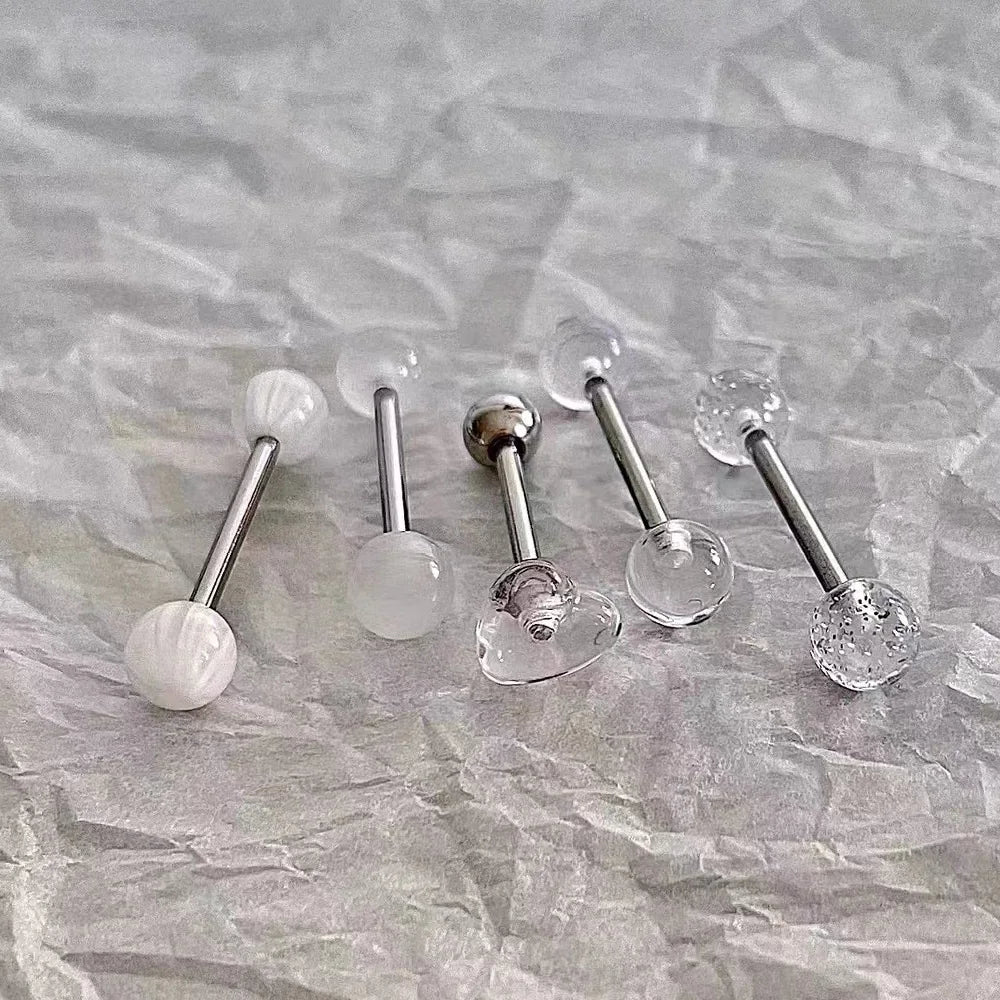 1 PCS/5 PCS Stainless Steel 14G Tongue Rings Barbell Glowe Tongue Barbell Jewelry For Women Piercing Tongue Piercing White Badiee Stylez