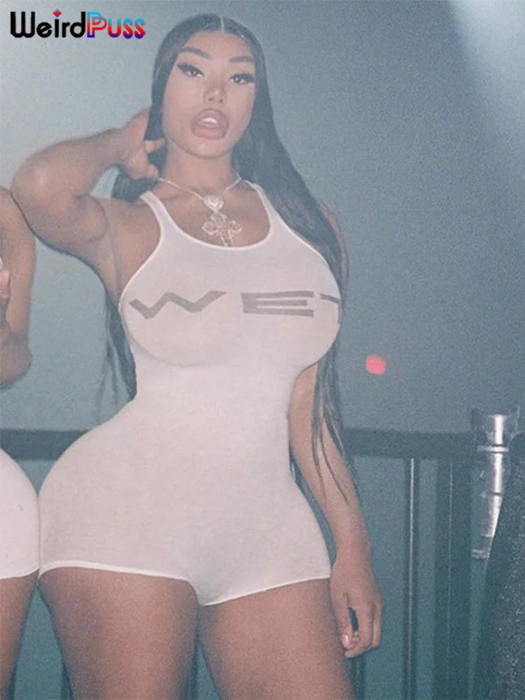 Weird Puss Letter Print Romper Women Low-Neck Sporty Casual Sleeveless Stretch Activity Skinny Playsuit Tight Short Overalls MWT